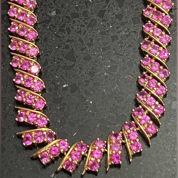 Suzanne Somers vintage fuchsia pink sapphire CZ tennis line necklace Gold HSN